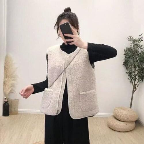 Lady Beige Zipper Fur Furry Plush Vest Women Sleeveless Down Coat Tops Casual Short Outwear Waistcoat Parkas Jacket Coats Cloth