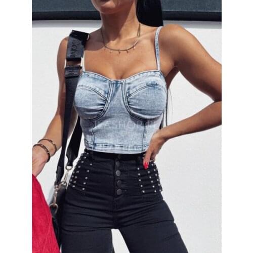 Women Denim Half-corset Bralette Sexy Women Tube Denim Front Zip Boat Neck Exposed Navel Denim Camis Femme High Streetwear