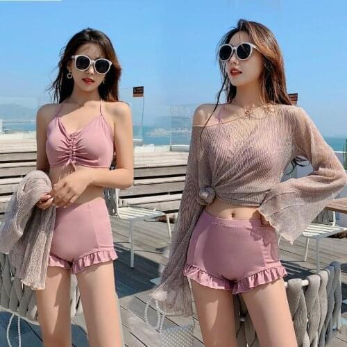 Female Swimsuit Fairy Korean Conservative Slimming Cover Belly Split Bikini Three Pieces Hot Spring Long Sleeve Solid Swimwear