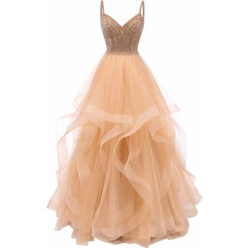 Vkbridal Champagne Gold Tiered Tulle Evening Dresses Ball Gowns Long Crystals Lace Up Long Formal Prom Dress Straps