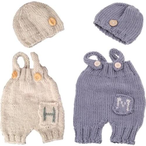 2 Pcs/set Baby Photo Costume Newborn Crochet Knit Overall Bib Pants Hat Clothes