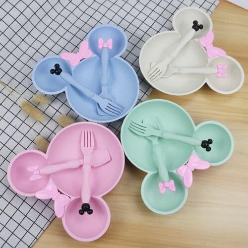 3pcs Wheat Straw Baby Cartoon Tableware Set Childrens Dishes Kids Dinner Platos Baby Feeding Plate Training Bowl Spoon Fork