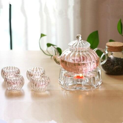 Free Shipping 6pcs/pack Glass Teapot Set 600ml Striated Pot Cup Set Creative Stripped Double-wall Cup Cystal Warm Holder