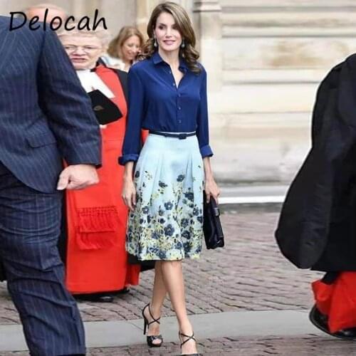 Delocah New 2021 Summer Women Fashion Runway Skirts Set Long Sleeve Solid Blouses + High Waist A-Line Skirts 2 Two Pieces Suits