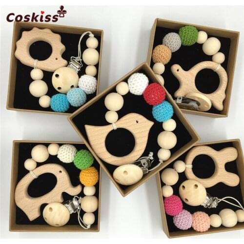 Baby Pacifier Clip Wooden Animal Teether Eco-friendly Teething Crochet Beads Chew Nipple Folder Shaped Rattle Baby Teether Gift