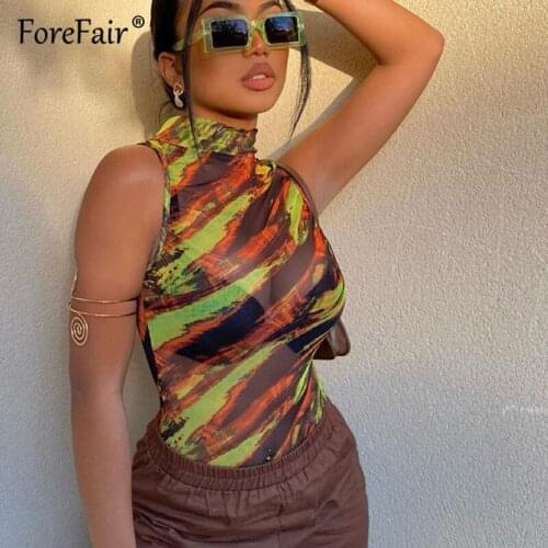 Forefair 2021 Summer O Neck Sleeveless Tank Weomen Bodysuit Female Fashion Sexy Print Mesh Slim Streetwear Body jumpsuit