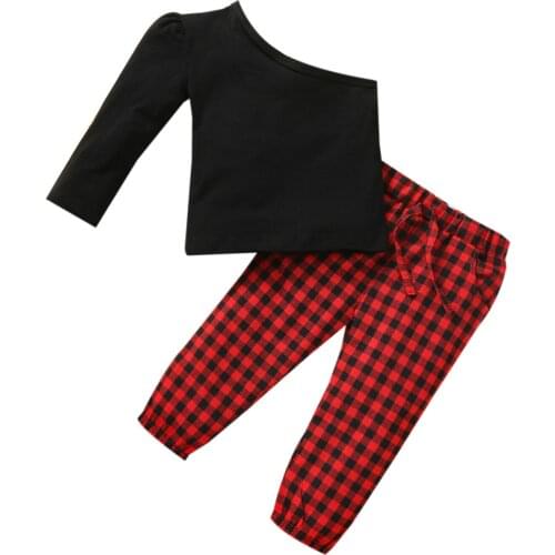 1-3Years Girl’s T-shirt and Trousers Suit Fashion Solid Color Single Sleeve Tops and Plaid Long Pants