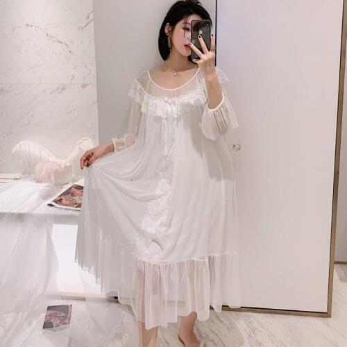 O-Neck Lace Nightgown Sexy Women Mesh Sleepwear Bride Sleep Gown Nightwear Intimate Lingerie Summer New Homewear Nightdress