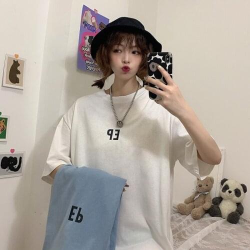 Summer college style cartoon print half-sleeved mid-length loose cotton T-shirt all-match casual women