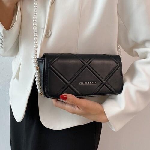 Women Diamond Small Crossbody Bags Pearl Chain Messenger Bag Female Solid Color Quilted Handbags Casual Lattice Shoulder Bag Sac