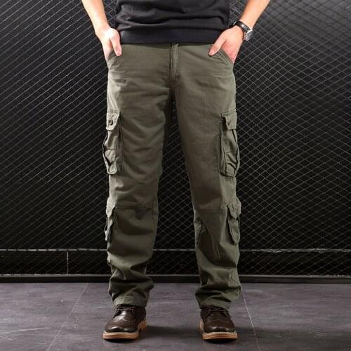 2022 Mens Spring and Autumn Outdoor Casual Pants Cotton Loose Straight Multi-Pocket Workwear Trousers