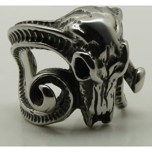 Men/boy cool big goat ram long horn skull rocky biker 316L stainless steel ring