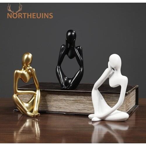 NORTHEUINS 13cm Mini Nordic Abasract Thinker Statues Resin Figurine Golden Mask Office Home Desktop Decoration Figures Ornament