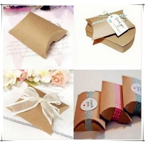 New Style Vintage Kraft Paper Candy Box with Ribbon Line Mini Pillow Shape Wedding Favor Event Gift Party Candy Bags Wholesales