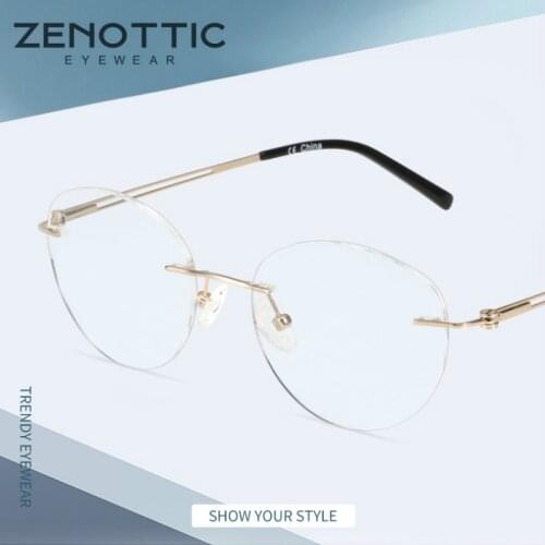 ZENOTTIC Pure Titanium Eyeglasses Frames For Women Rimless Round Myopia Hyperopia Prescription Eyewear Anti Blue Light Lens