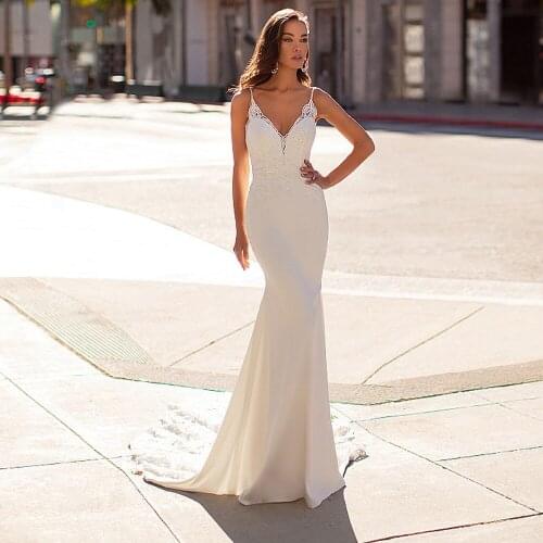 Sexy Wedding Dresses Jersey Pleat Appliques V-Neck Spaghetti Straps Backless Mermaid Bridal Gowns Novia Do 2021 New