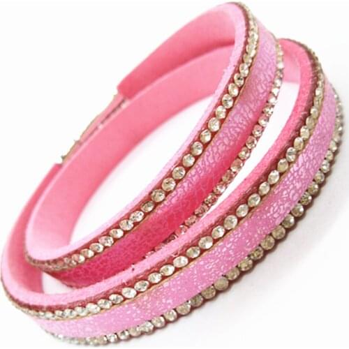 Pink Rhinestone Neon Black Multilayer Statement Ethnic Trendy Leather Bracelets Women Fashion Girl Cuff Bangle Female Jewelry
