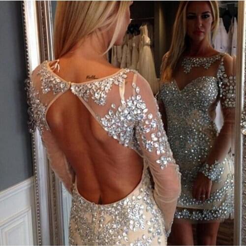 Sexy Crystal Beaded Long Sleeve Short Prom Gown Vestidos De Festa Open Back Wedding Party Dress