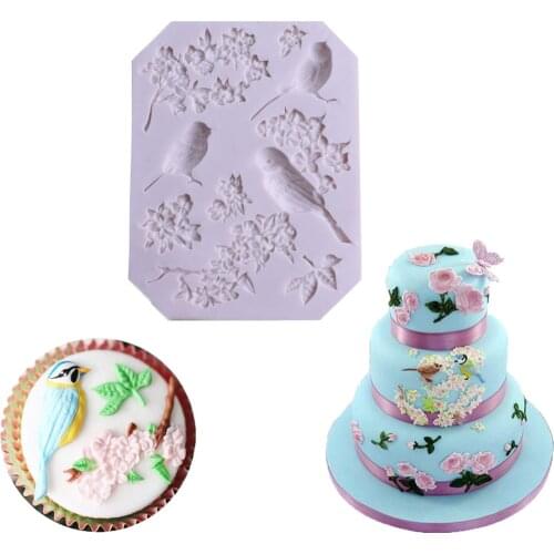 Magpie Flower Branch Leaves Jungle Landscape Fondant Silicone Cake Mold DIY Baking Chocolate Clay Cake Lace Tool 11.8*9.1*1cm