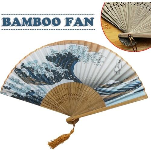 Sea Wave Tassel Folding Hand Fan Japanese Series Imitation Silk Bamboo Fan Art Craft Gift Home Decoration Ornaments