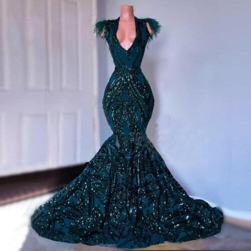Dark Green Sequined Mermaid Prom Dress V Neck Luxury Feather Beaded African Evening Dresses Sweep Train Formal Gowns