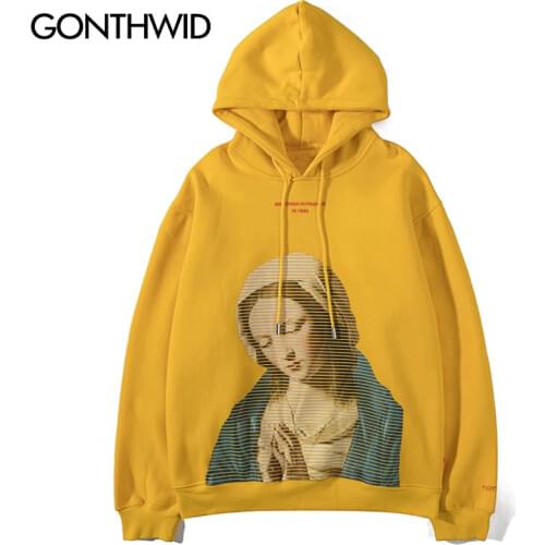 GONTHWID Madonna In Prayer Painting Print Fleece Hoodies Religion Hooded Sweatshirts Men Hip Hop Casual Streetwear Tops Outwear