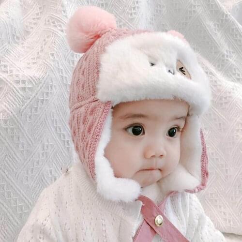 Windproof Ear Protection Newborn Baby Winter Pompom Beaine Hat Cartoon Thicken Faux Fur Warm infant Kids Clothing Accessories