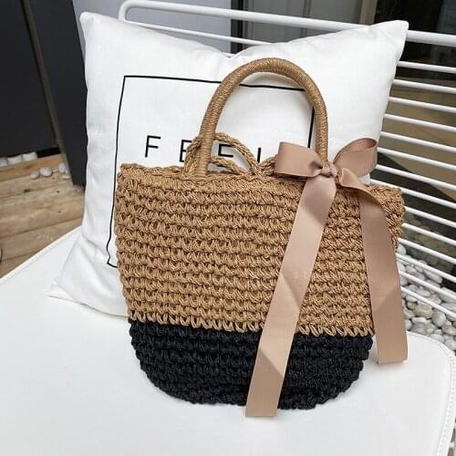 Casual Travel Beach Straw Woven Shoulder Bag For Women Handmade Drawstring Handbag Fashion Ribban Design Bucket Crossbody Bags