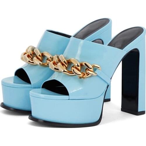 Runway Shoes Women Modern Slippers High Heels Platform Shoes Peep Toe Chain Mules European Style Party Sexy Women Slippers 2021