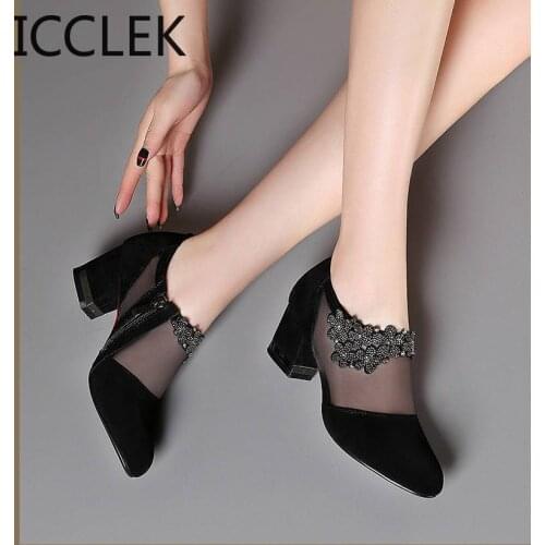 Women High Heel Shoes Mesh Breathable Pumps Zip Pointed Toe Thick Heels Fashion Female Dress Shoes Elegant Footwear A011