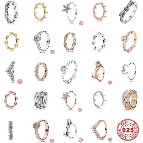 Leuxry Valentines Day S925 Sterling Silver Crown Cross Knot Zircon CZ Finger Rings for Women Wedding Party Jewelry Accessories