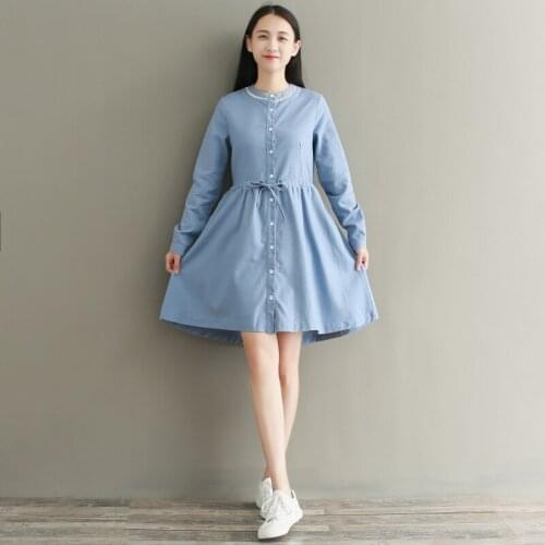 Women long sleeve autumn dress 2018 new fashion casual solid blue cotton dress