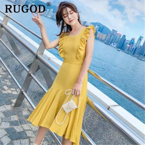 RUGOD Korean Ruffles Mermaid dress women Fashion tunic yellow sleeveless dresses female 2019 Vintage summer Mid-calf long dress