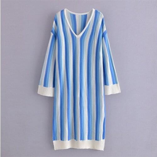 ZXQJ Women 2021 Fashion Oversized Striped Knitted Midi Dress Vintage Three Quarter Sleeves Side Vents Female Dresses Chic Mujer