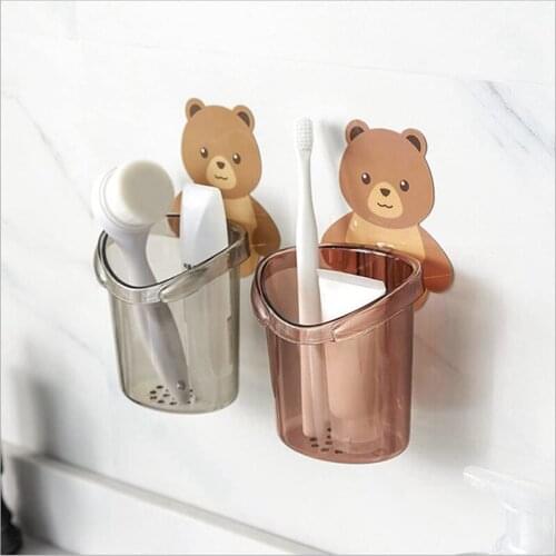 2 Pcs Creative Storage Cup Bathroom Toothpaste Toothbrush Holder Free Punch Wall Hanging Bathroom Bear Storage Rack