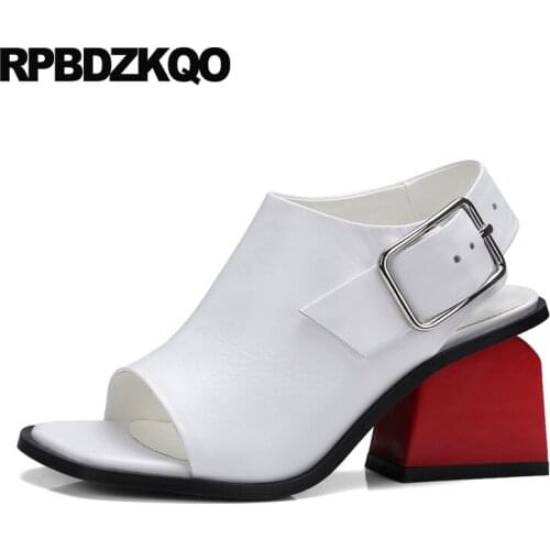 White Pumps High Heels Thick Peep Toe Booties Boots Chunky Sandals Genuine Leather Large Size Plus Luxury Shoes Women Designer