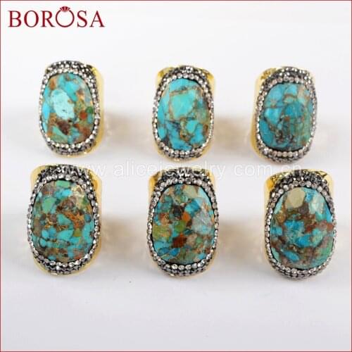 BOROSA Design 5PCS Free Shipping Rhinestone Gold Color Jewelry Rings Pave CZ Freedom Natural Turquoises Rings For Women JAB900