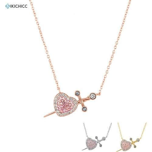 KIKICHICC 925 Sterling Silver Gold Heart Pendant Pierce Your Heart Pink Clear Long Chain Necklace 2021 Wedding Valentiens Gift