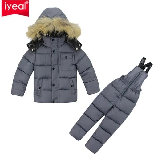 IYEAL Childrens Clothing Winter Warm Ski Suits for Kids Boys Natural Fur Down Cotton Snow Wear Windproof Jacket Coats+Overalls