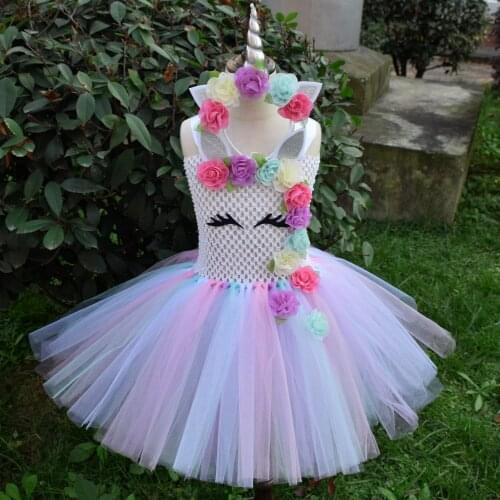 Girls Flower Unicorn Tutu Dress Kids Pastel Tulle Dress with Hairbow Children Birthday Party Costume Cosplay Cartoon Dresses