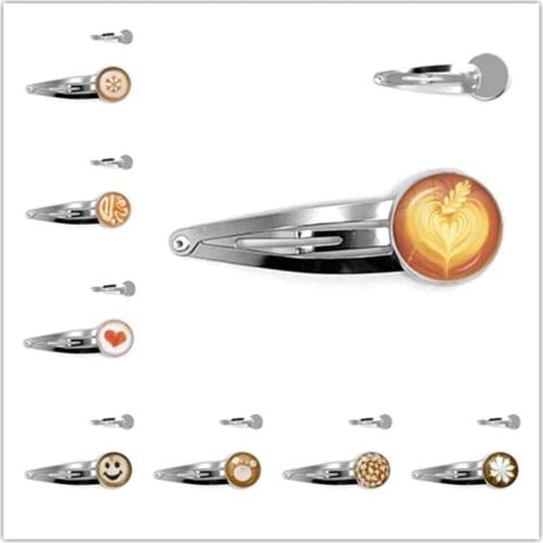 Coffee Latte Glass Cabochon Hair Pins Chocolate Printing Love Heart Carving Flower Clover Cat Snow Charm Hair Pins For Women