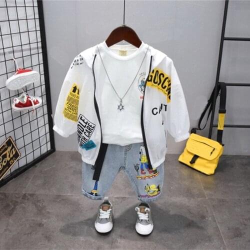 Summer Baby Boy Clothes Set Children Clothing Sets Kids Boys Cartoon suntan coat + T-shirt + shorts jeans 3PCS boy set