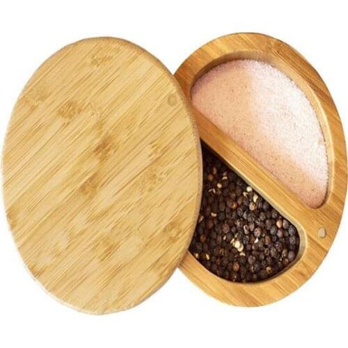 Kitchen Utensils Bamboo Storage Box 2 Compartment Seasoning Jar Salt Shaker