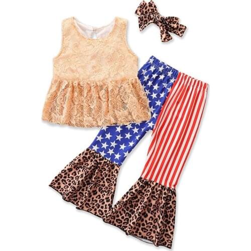 Summer Girl Set Solid Lace Vest + Flare Bottom Pants + Headband 3pcs Children Suits Kids Clothes