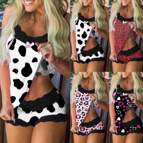 Fashion Leopard Pyjamas Women Chic Printed Sleep Tops V-Neck Sleeveless Lace Cami Shorts Lingerie Set Pijama Mujer Invierno 2021