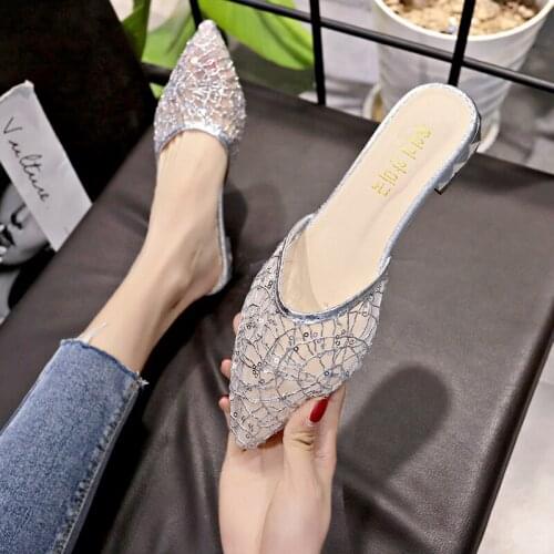 Womens shoes slippers 2019 new summer fashion hollow mesh yarn non-slip tip thick with low heel shoes Mules shoes