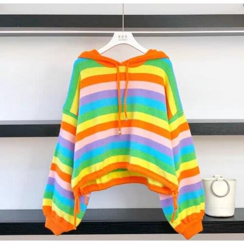 New Womens Autumn Hooded Striped Knitwear Contrast Color Patchwork Loose Knit Pullover Long-Sleeved Drawstring Rainbow Sweater