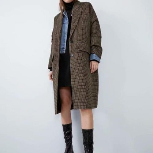 PUWD Vintage Woman long Plaid Coat 2020 Fashion Ladies Autumn Casual Single Breasted Outwear Female Warm Jackets