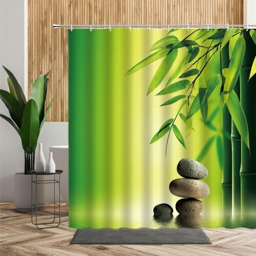Zen Green Bamboo Waterproof Shower Curtain Black Stone Think Quietly 3D Printing Bathroom Decoration Bath Curtains Set Polyester