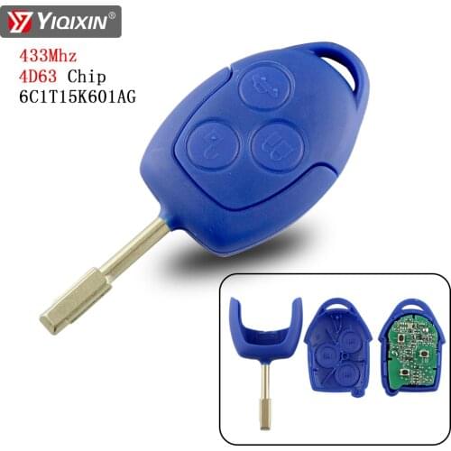 YIQIXIN 3 Buttons Remote Car Key For Ford Transit WM VM 2006-2014 433Mhz 4D63 Chip P/N: 6C1T15K601AG Black Blue Head FO21 Blade